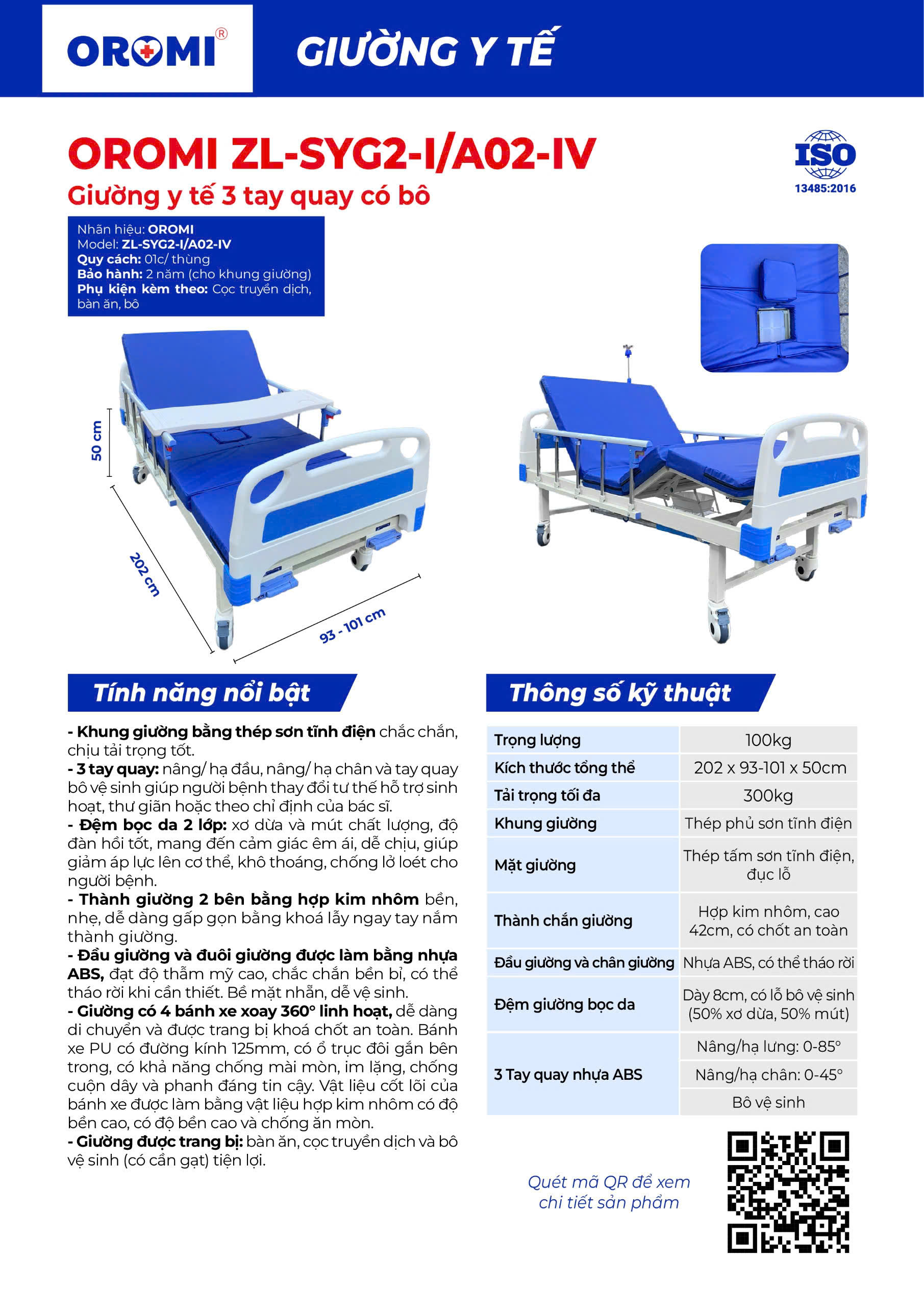 Giường y tế 3 tay quay có bô OROMI A02-IV